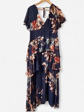 Lulu's Navy Floral High-Low Ruffle Maxi Dress